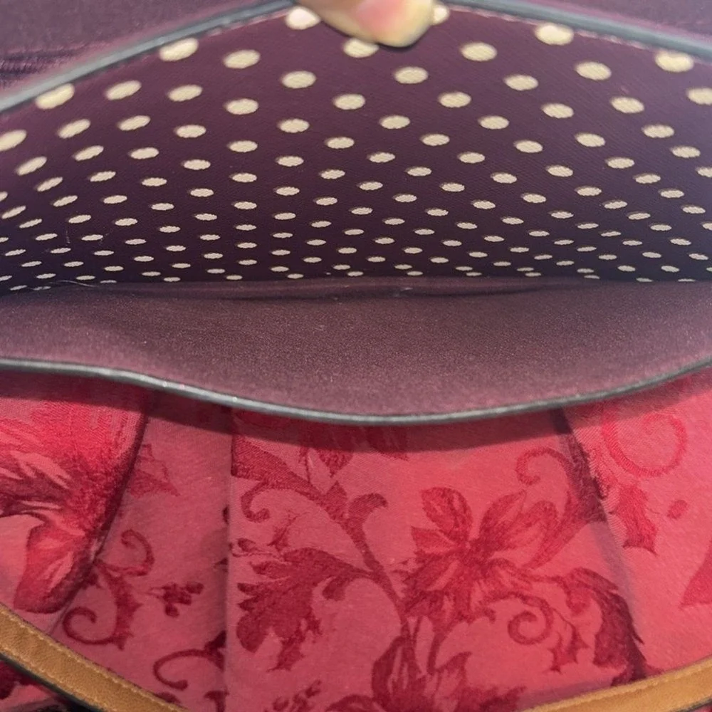 Burgundy Polka Dot Satchel Bag Tan Trim Crossbody Messenger‎ Top Handle Retro